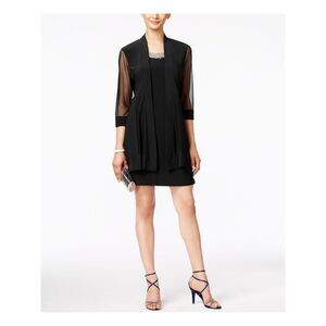 R&M RICHARDS PETITE Womens Black 3/4 Sleeve Evening Duster Dress Petites 6P